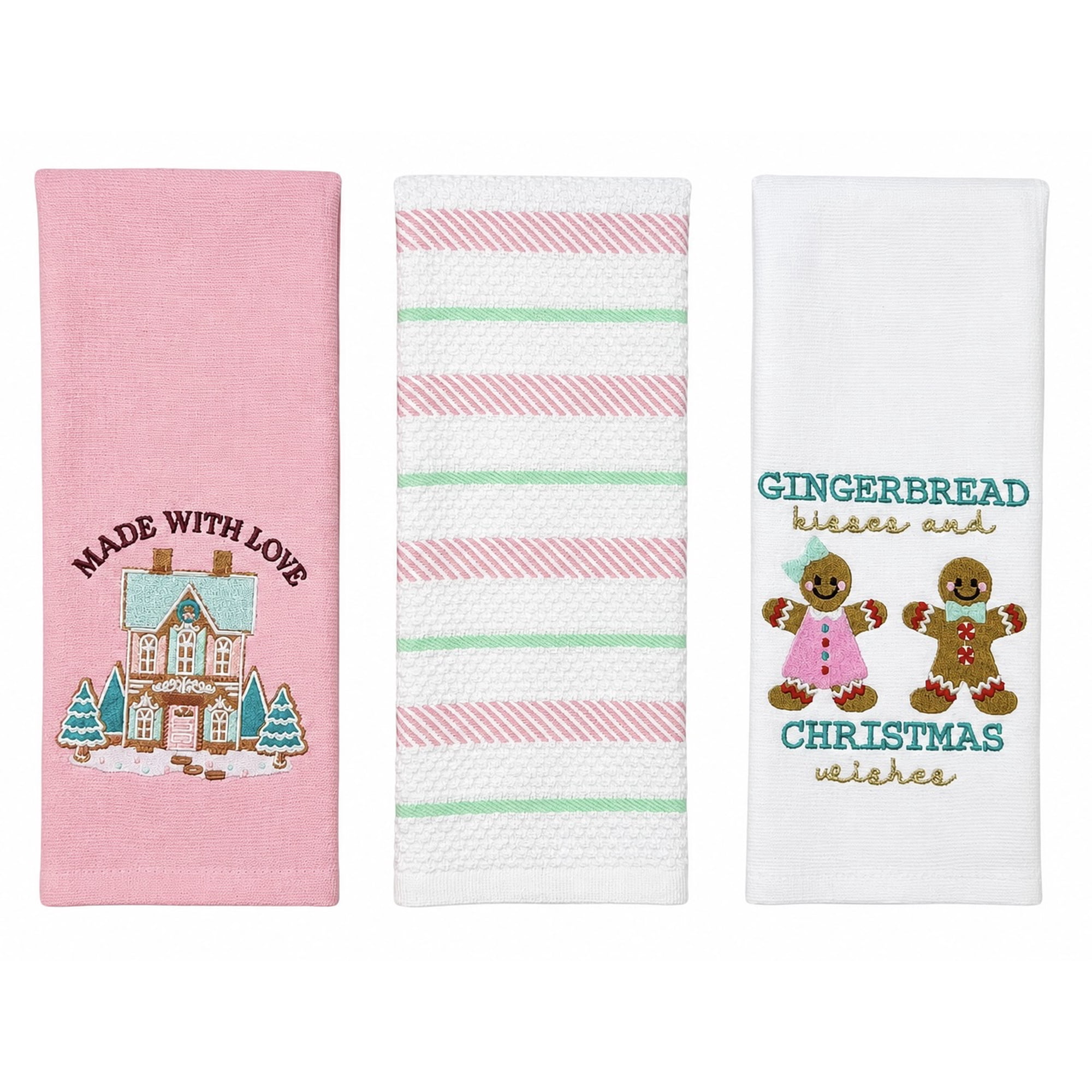 Serafina Home Christmas Kitchen Towels-Set of 3 Pink Green White 100% Cotton Embroidered Gingerbread House, Candy Cane Stripe, and Gingerbread Couple with Phrases Design - 16 x 26 Multipurpose Towels