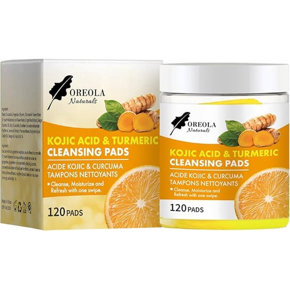 Kojic Acid & Turmeric Cleansing Pads (120 pcs) with Applicator Tong – Face & Body Cleansing, Gentle Exfoliating & Refreshing Wipes for All Skin Types by Oreola Naturals