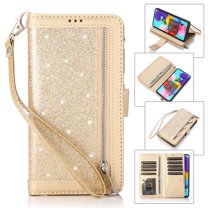 Dteck Wallet Case For Samsung Galaxy A71 (4G), Luxury Glitter Bling PU Leatether Zipper Purse Wallet Case with Built-in 9 Card Slots / Hand Strap, Gold