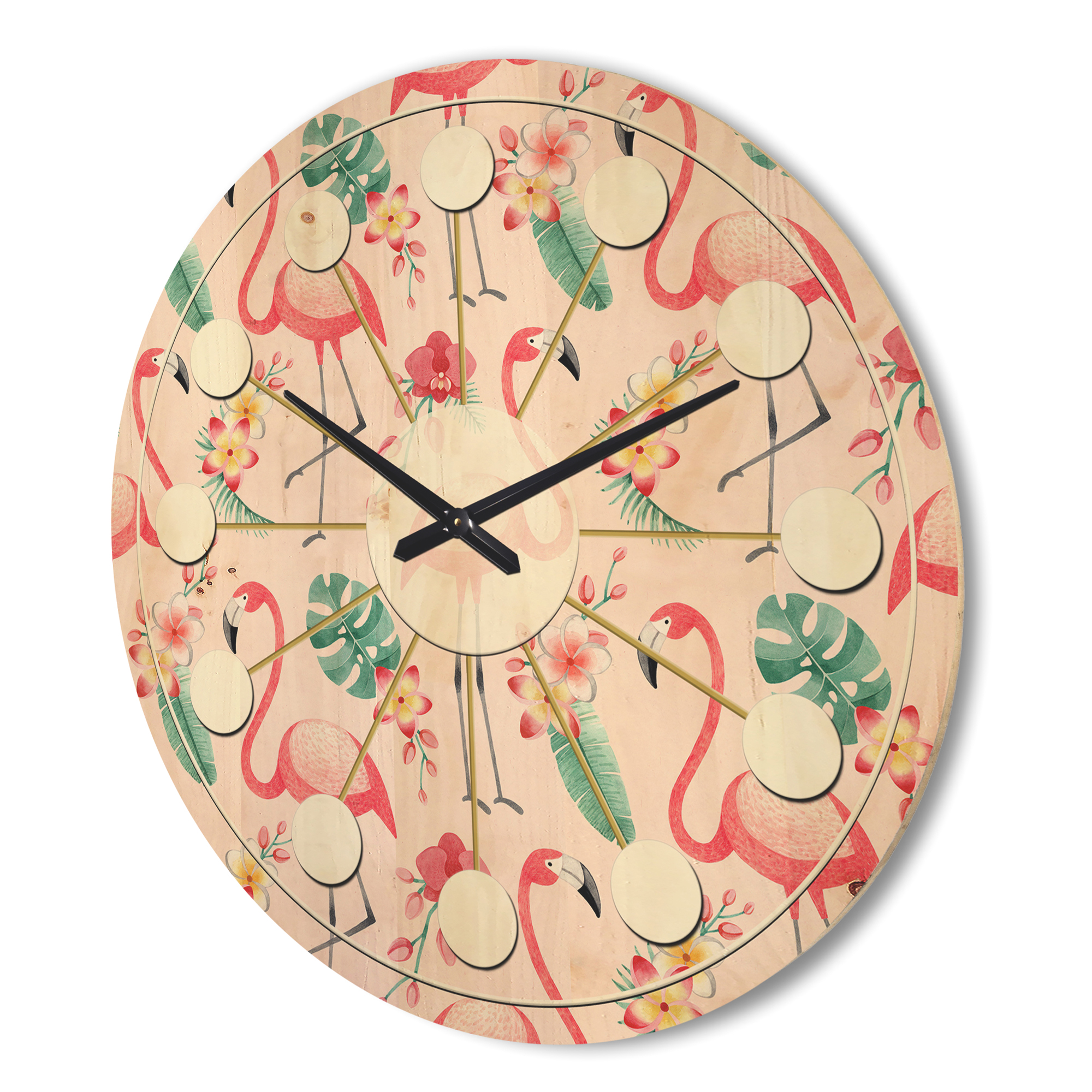 Designart 'Tropical Botanicals, Flamingo and Flowers II' Mid-Century Modern Wood Wall Clock