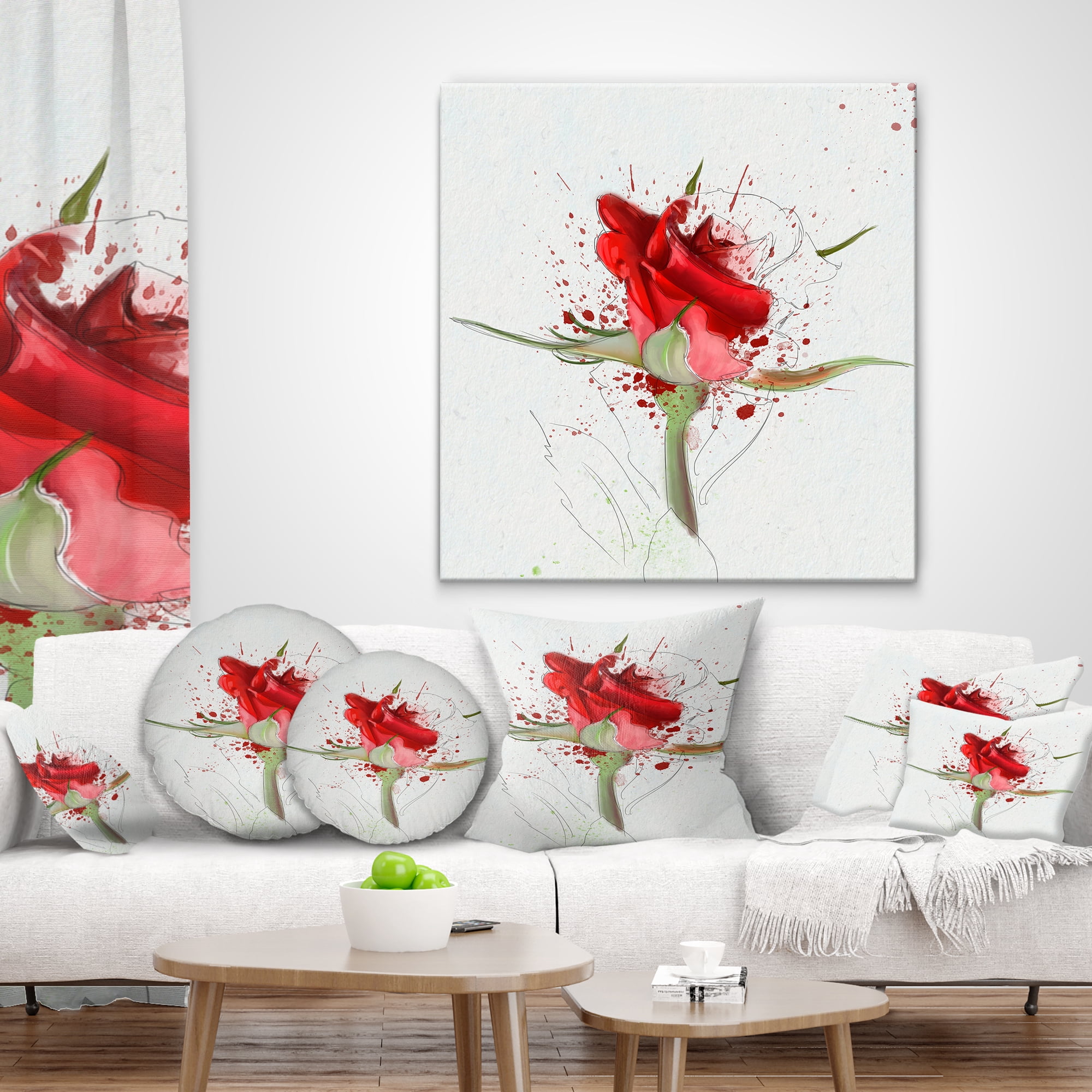 Designart Bright Hand drawn Red Rose Sketch - Floral Throw Pillow - 16x16