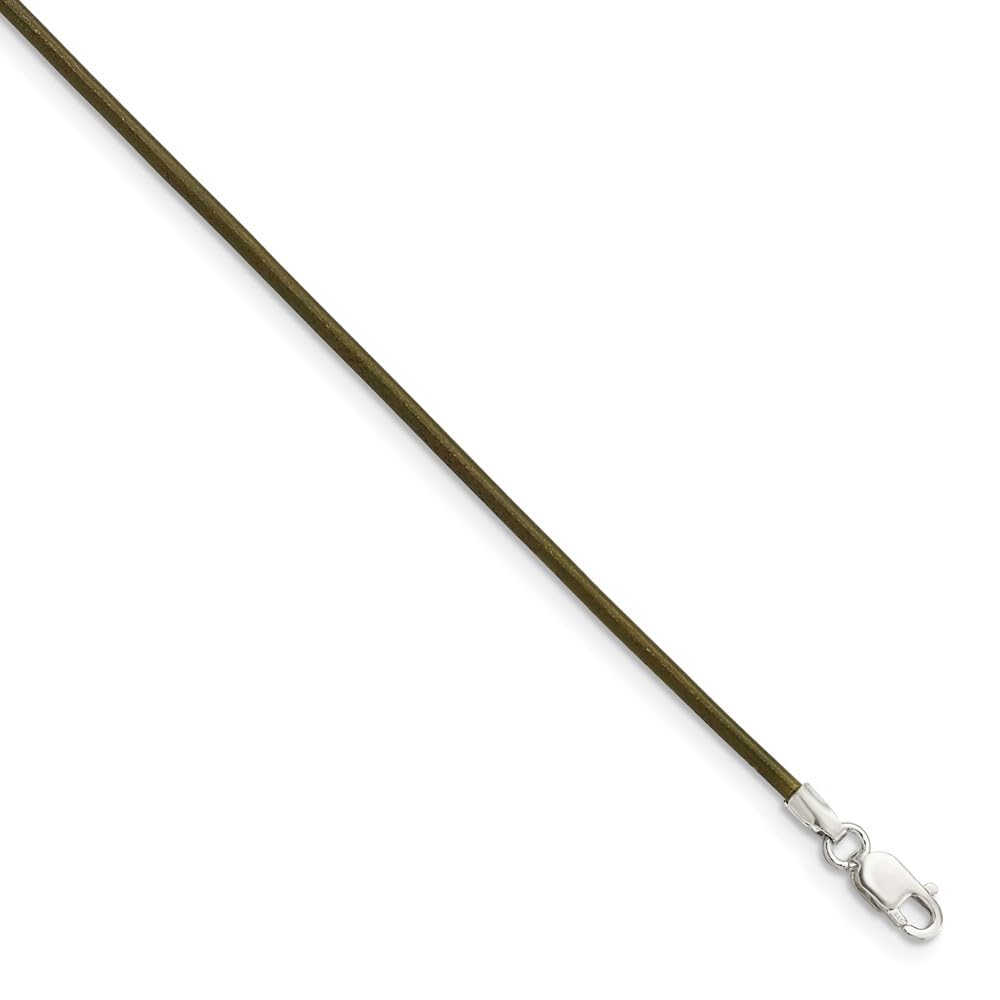 925 Sterling Silver 1.5mm Olive Leather Cord Necklace 18 Inch