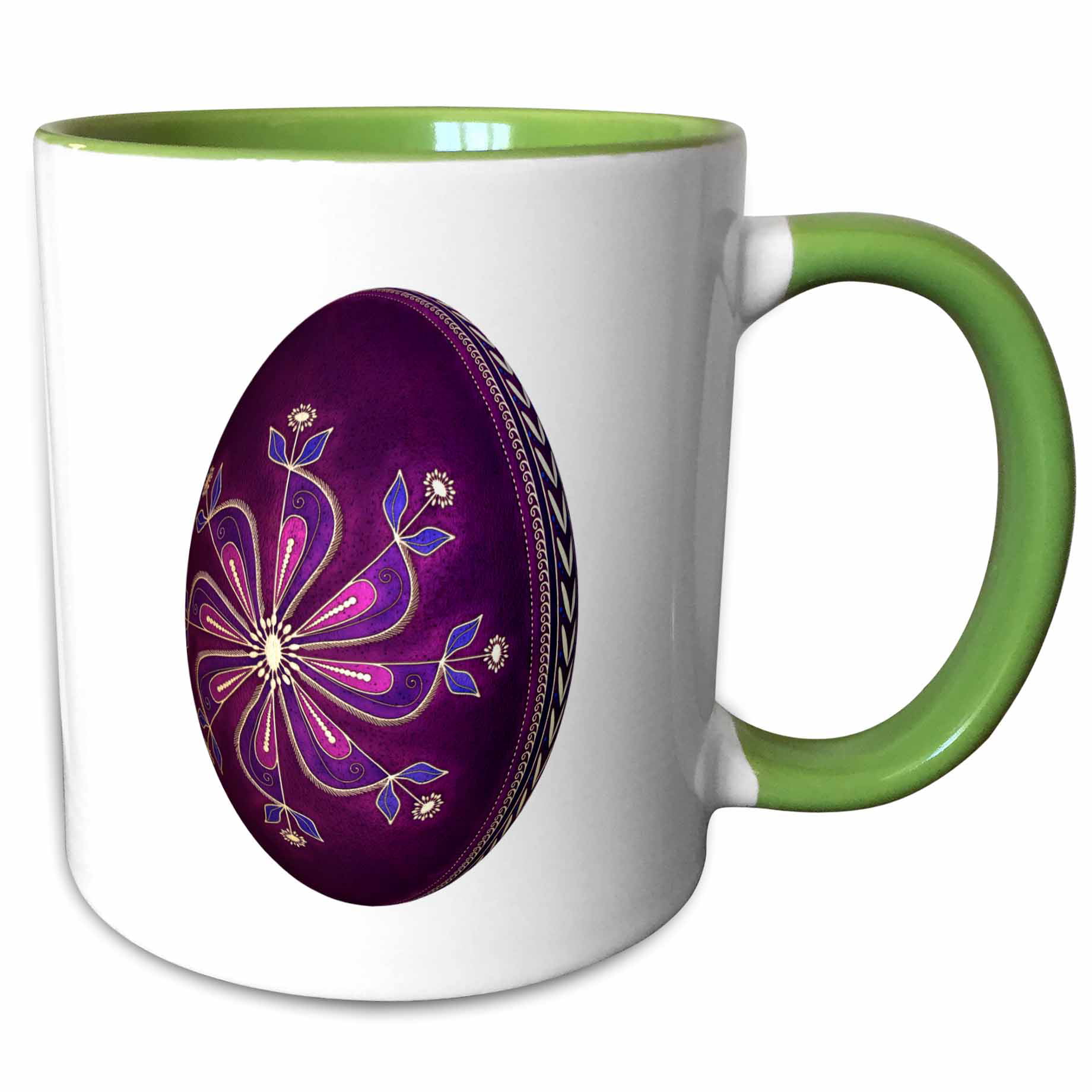 3dRose Dyed Purple Pysanky Easter Egg – Two Tone Green Mug, 11-ounce