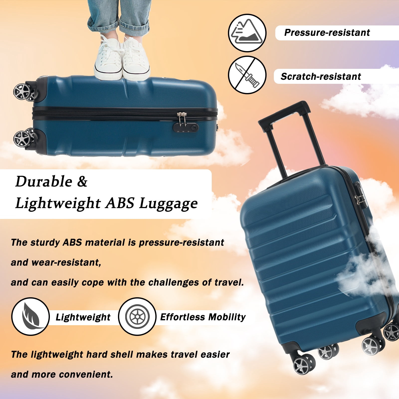 Hardshell ABS Luggage Set, 24-Inch Checked Suitcase with Spinner Wheels, Lightweight Travel Luggage with 2 Packing Cubes for Men & Women