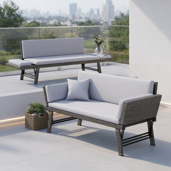 Topcobe Outdoor Convertible Sofa Daybed with Adjustable Armrests for Balcony, Outdoor Patio Furniture-Gray