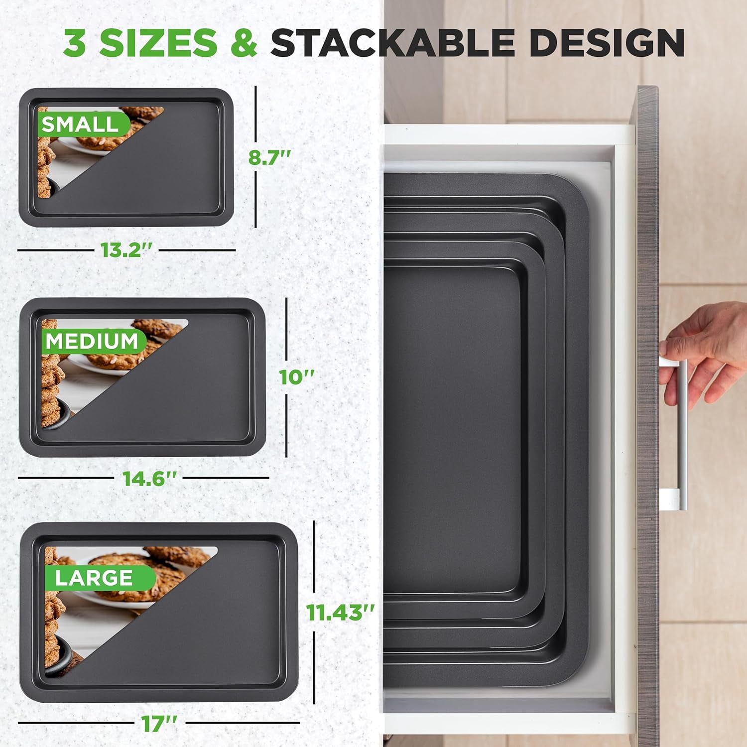 3-Piece Nonstick Baking Sheet Set – Non-Toxic Cookie Sheets for Everyday Baking – Small, Medium & Large Oven Safe Bakeware Trays – Warp-Resistant, Easy to Clean & Dishwasher Safe