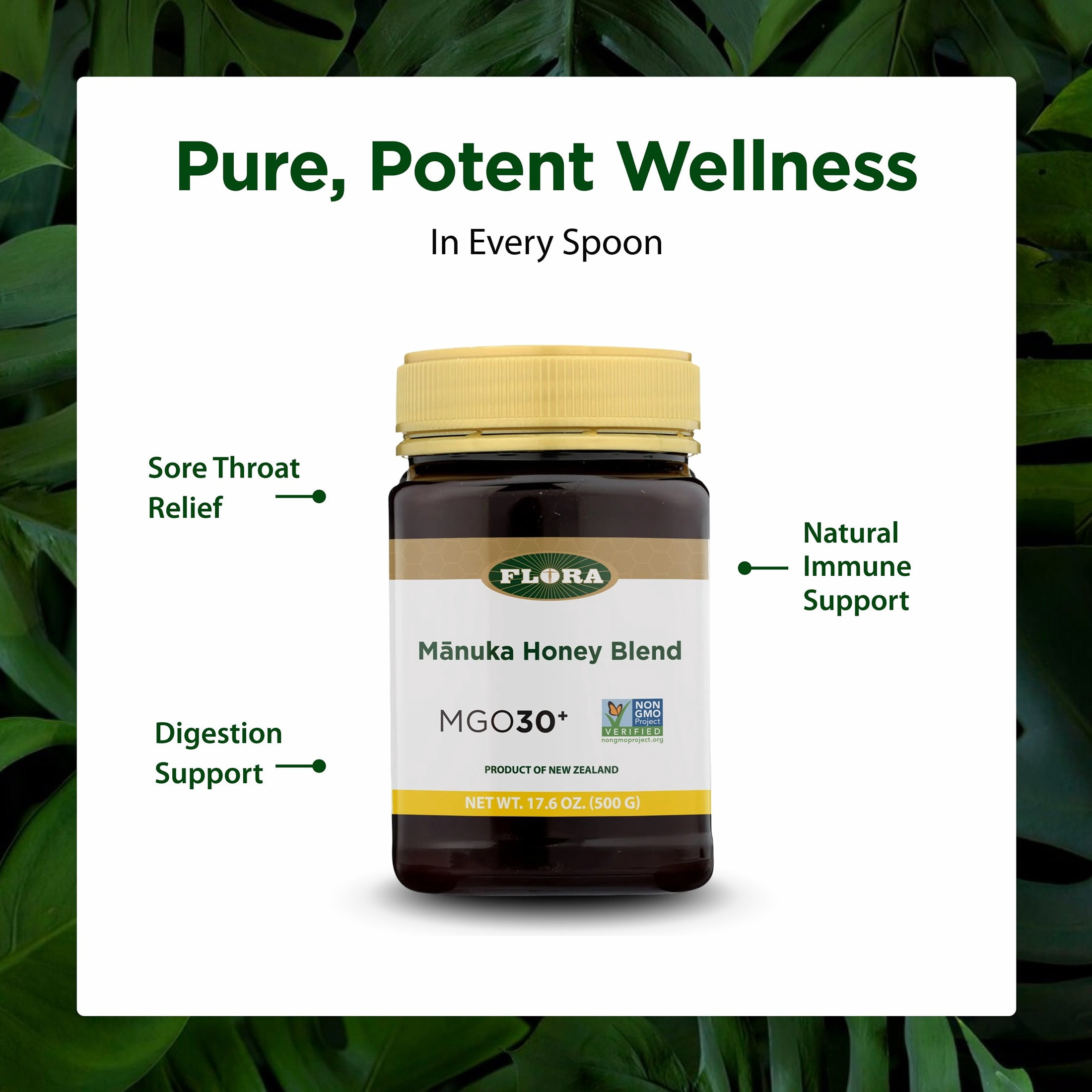 Flora - Mānuka Honey Blend MGO 30+, New Zealand Honey, 100% Traceable MGO,Natural Healing, Sore Throat Relief, Aids Digestion, 17.6-oz. Jar