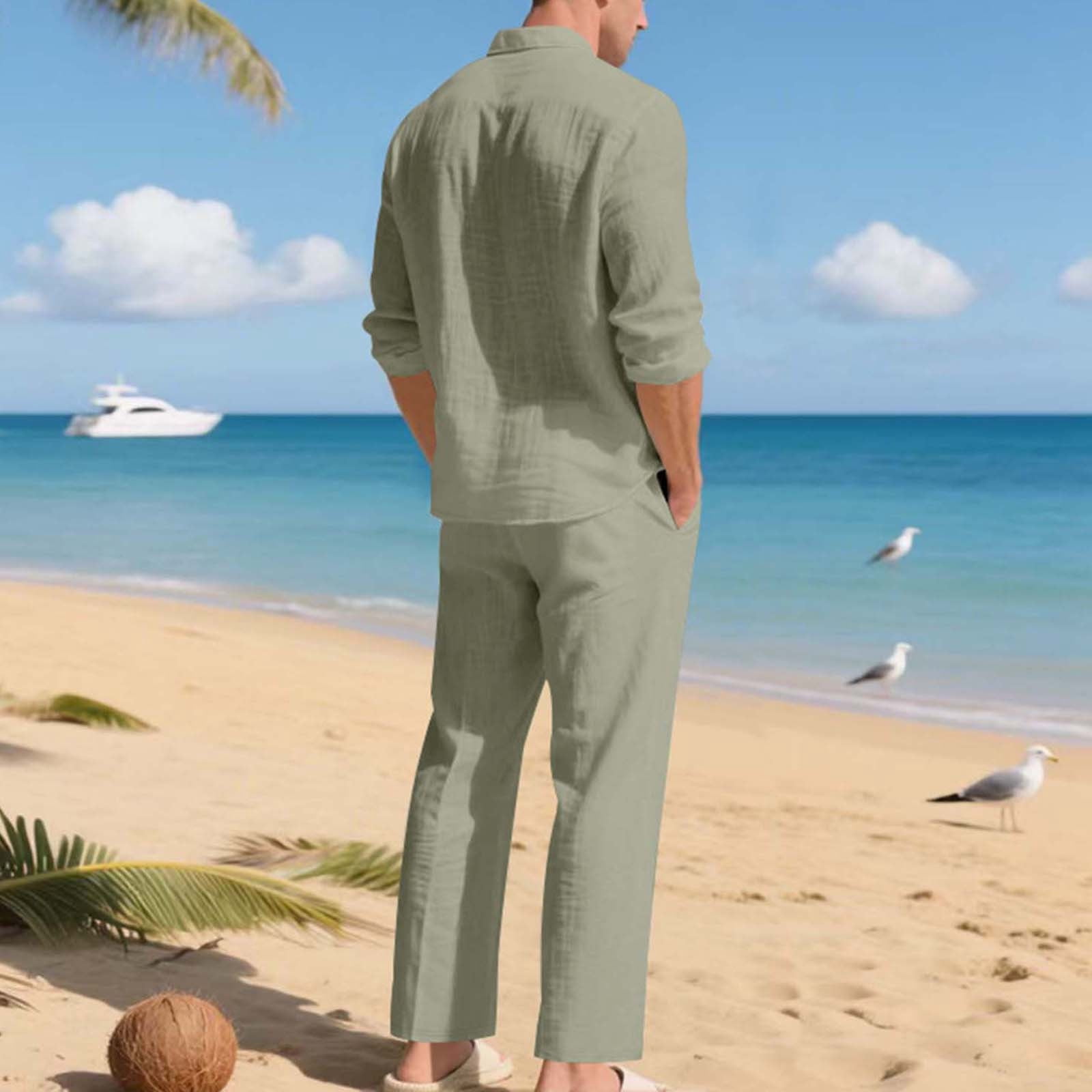 Men's Linen Casual Outfits Piece Solid Color Cuban Shirt and Pants Set Lightweight Beach Vacation Suit