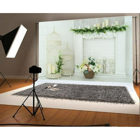 Image of GreenDecor 7x5ft Interior Backdrop Valentine s Day Blooming Flowers Candles Green Vine Fireplace Lantern European Archiculture Romantic Photography Background Kids Adults Photo Studio Props