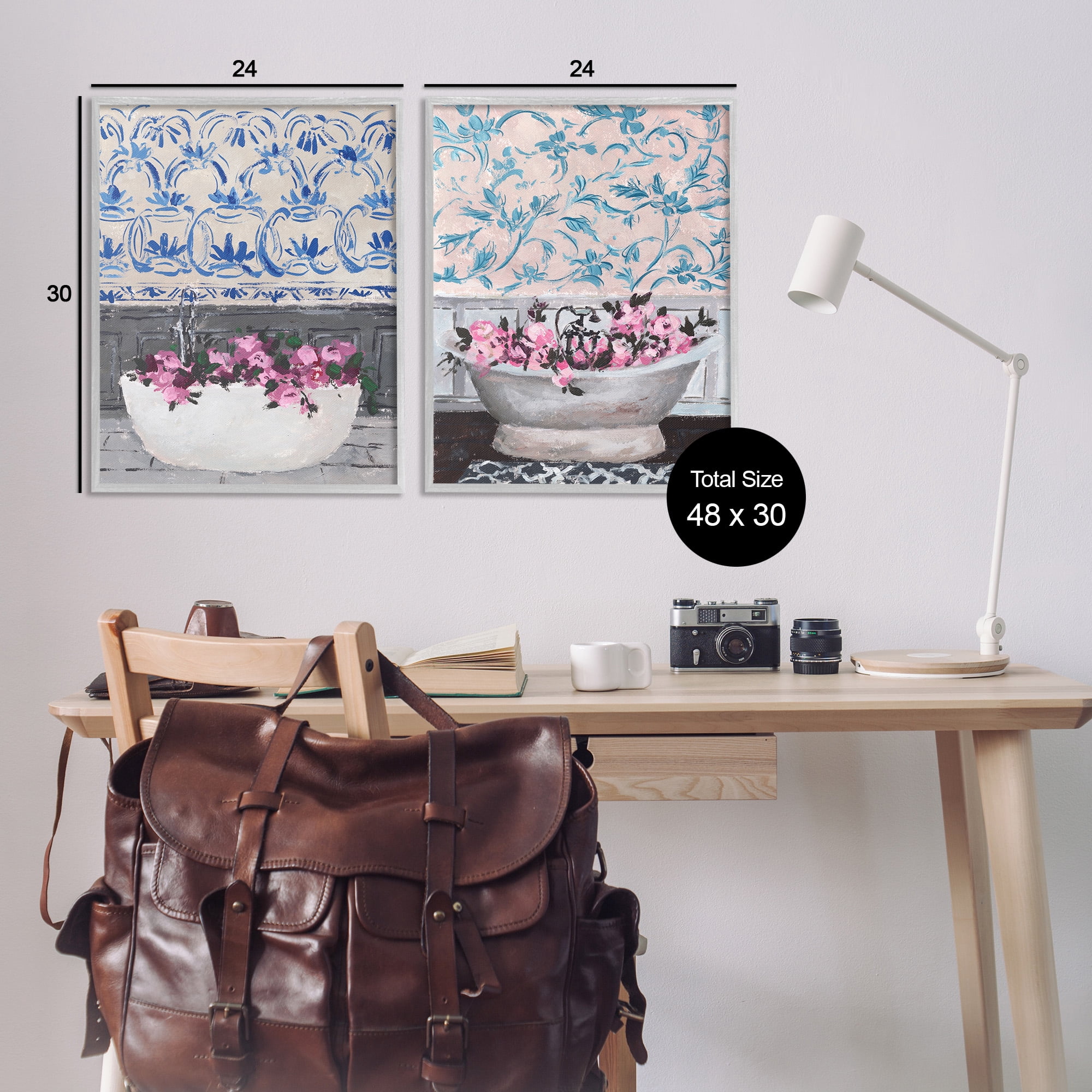 Stupell Industries Flowers In Bath Tub Interior Design Botanical & Floral Painting Gray Framed Art Print Wall Art, 24 x 30, Set of 2
