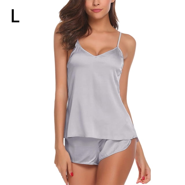 Conjunto de ropa de dormir para mujer Encantador chaleco con cuello en V, pantalones cortos, camisón, gris, L Eigraketly XX000231-27
