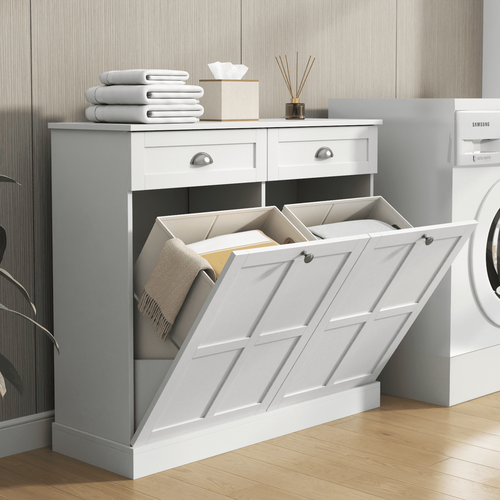 Tilt Out Laundry Sorter Cabinet, Double Laundry Hamper Cabinet with 2 Drawers & 2 Laundry Storage Baskets, 30 Gallon Trash Can Cabinet, Storage Cabinet for Bathroom, Laundry Room, Kitchen, White