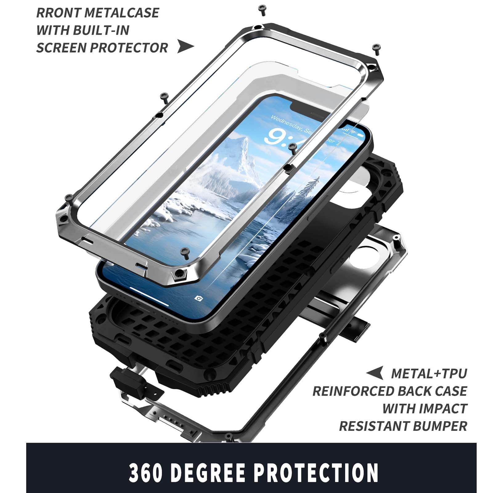 for iPhone 16e Armor Cover Case with Screen Protector, with Built-in 360° Rotate Ring Stand Heavy Duty Protection Cover Case for Apple iPhone 16e, Silver