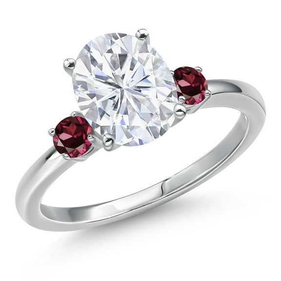 Gem Stone King 14K White Gold White Moissanite and Red Rhodolite Garnet Engagement Ring for Women | 3.24 Cttw | Oval 10X8MM | Gemstone Birthstone | Size 7
