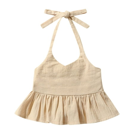 

Baby Girl Clothes Children Tops Summer Girls Solid Color Hanging Neck Off the Shoulder Sleeveless Suspender Ruffled Tops Outwear Baby Clothes for Girls Beige 110