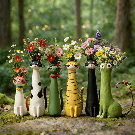 Lksixu Handcrafted Ceramic Cat Vase, 3D Cartoon Quirky Cat Shaped Flower Vase, 7.5 Inch Funny Kitten Planter Cute Animal Decorative Flower Pot Spring Decor for Home Office Bookshelf Desktoop