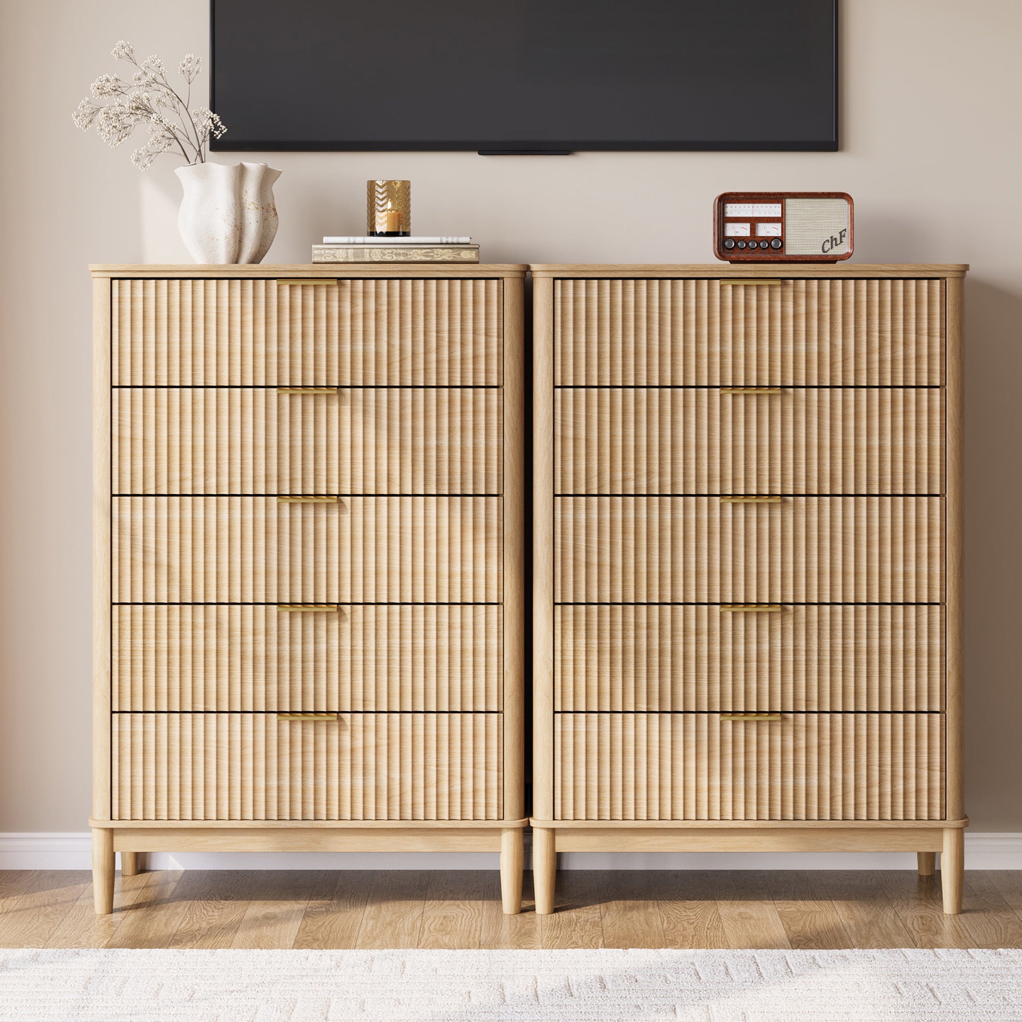 Linsy Home Fluted Tall Dressers for Bedroom, Chest of 5 Drawers, Oak