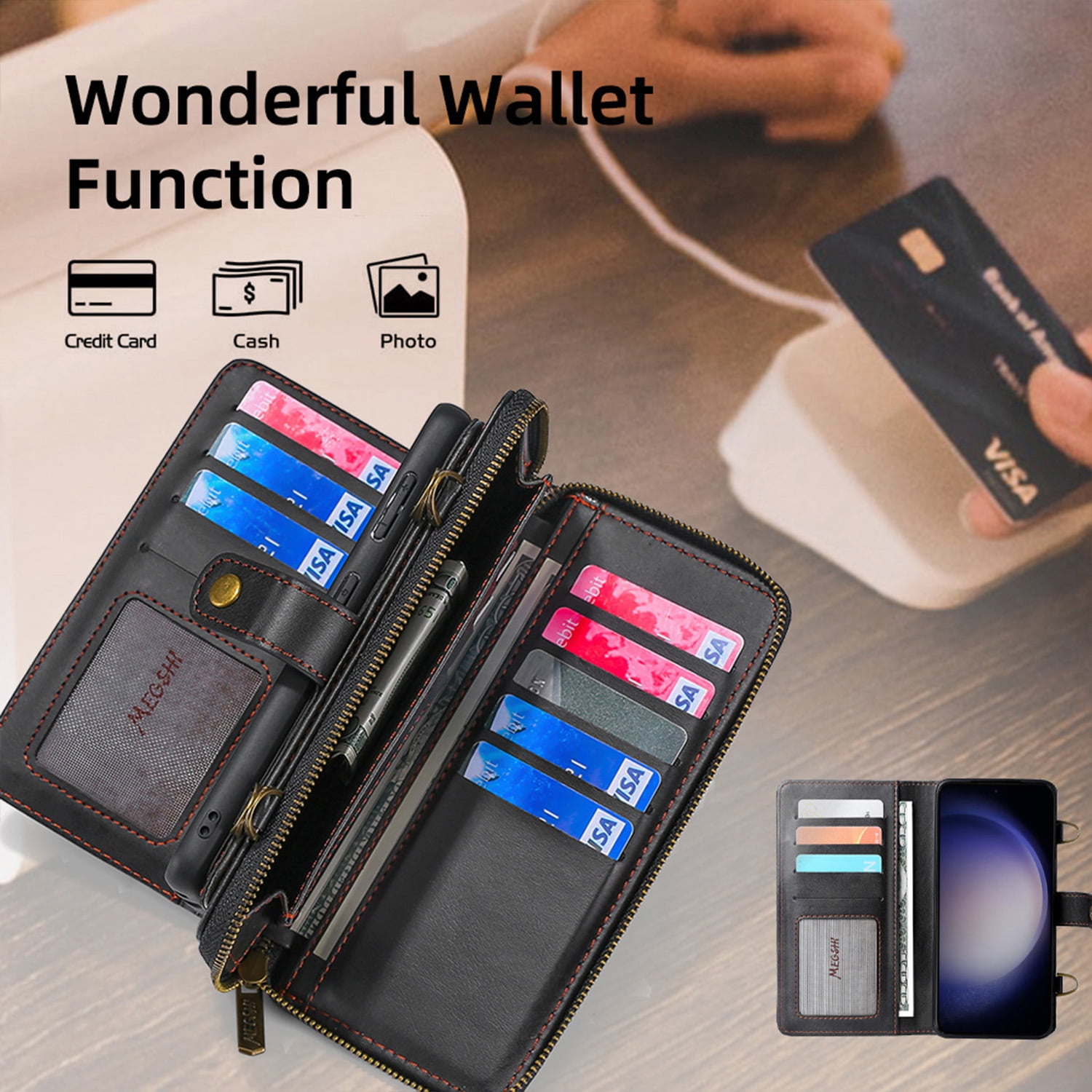 ShieldFlex Wallet Case Compatible with Samsung Galaxy S25 Ultra 5G,13-Card Holder Soft PU Leather Crossbody Wallet Zipper Pocket Magnetic Detachable Phone Cover Fit for Galaxy S25 Ultra,Black (3 IN 1)