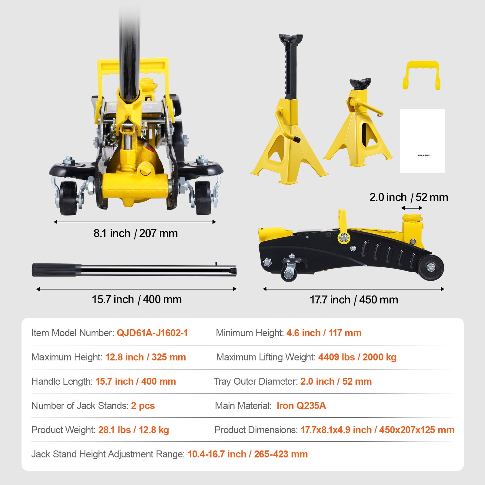 KFFKFF  Low Profile Floor Jack,2 Ton Durable Iron Hydraulic Car Lift, Includes Jack Stands, Efficient Single Piston Quick Pump, Lifting Height 4.6"-12.8"