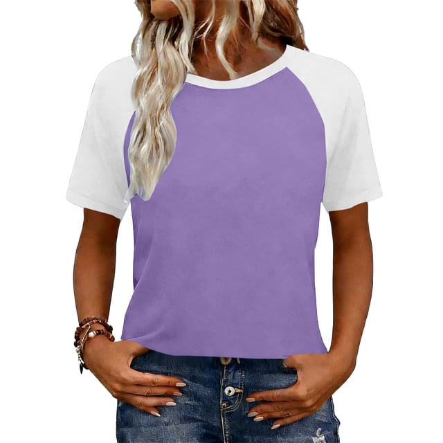 Tops de manga corta de verano para las mujeres manga Raglan color bloqueado blusa casual, Tops de manga corta de las mujeres suave transpirable