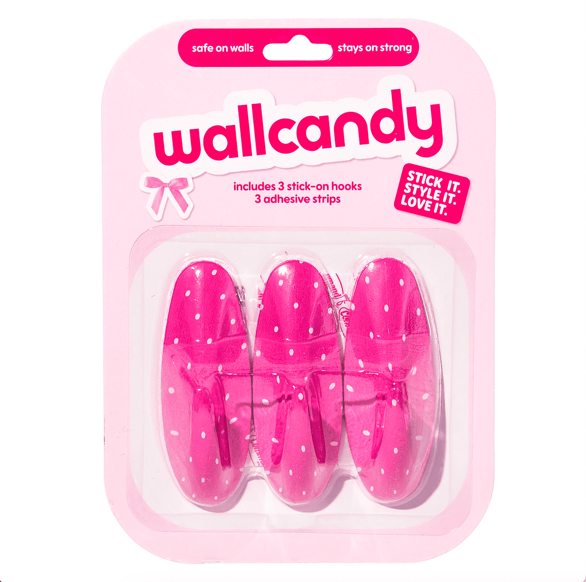 WallCandy Pink Polka Dot Stick-On Wall Hooks with 3M Command Strips | 3 Pack