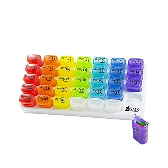 GMS Monthly Pill Organizer - 31 Day Pop Out Pill Pods for Supplements, Vitamins & Medications - Ideal for Daily Use & Travel - Rainbow