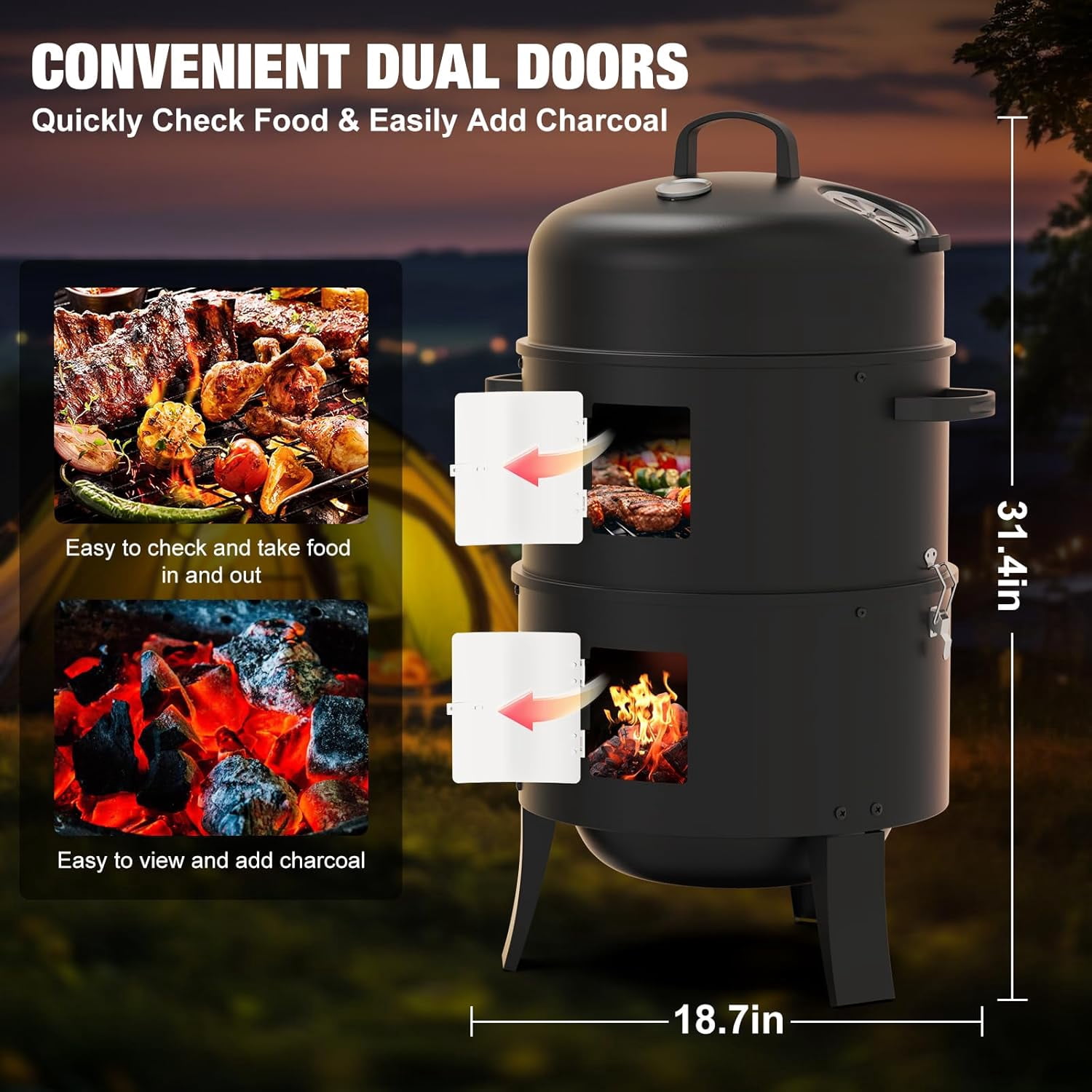 16" Charcoal Smoker, 3 in 1 Heavy Duty Vertical Barbecue Grill, Outdoor Fire Pit 402 Square Inches Cooking Area, Versatile Outdoor Smoker Grill, Black