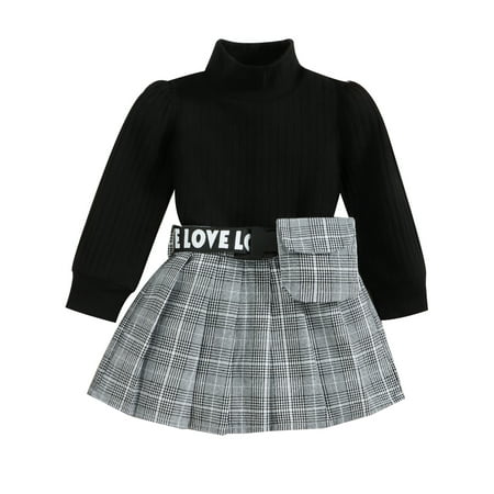 

Musuos Baby Girl Turtleneck Ribbed Long Sleeve Sweater Tops Plaid Skirt with Belt Bag