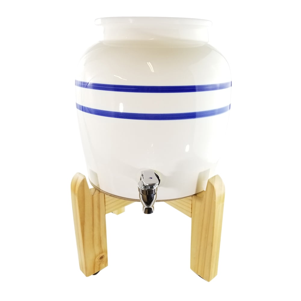 Premium Blue Stripe Porcelain Water Crock Dispenser & Wood Counter