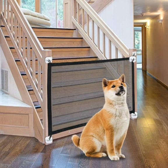 RUseeN Dog Gates for House Portable Folding Pet Gates Magic Indoor Mesh Doggy Door for Stairs and Doorways 28'' X 43'', 4 Sticky Hooks, 2 Stainless Steel Poles