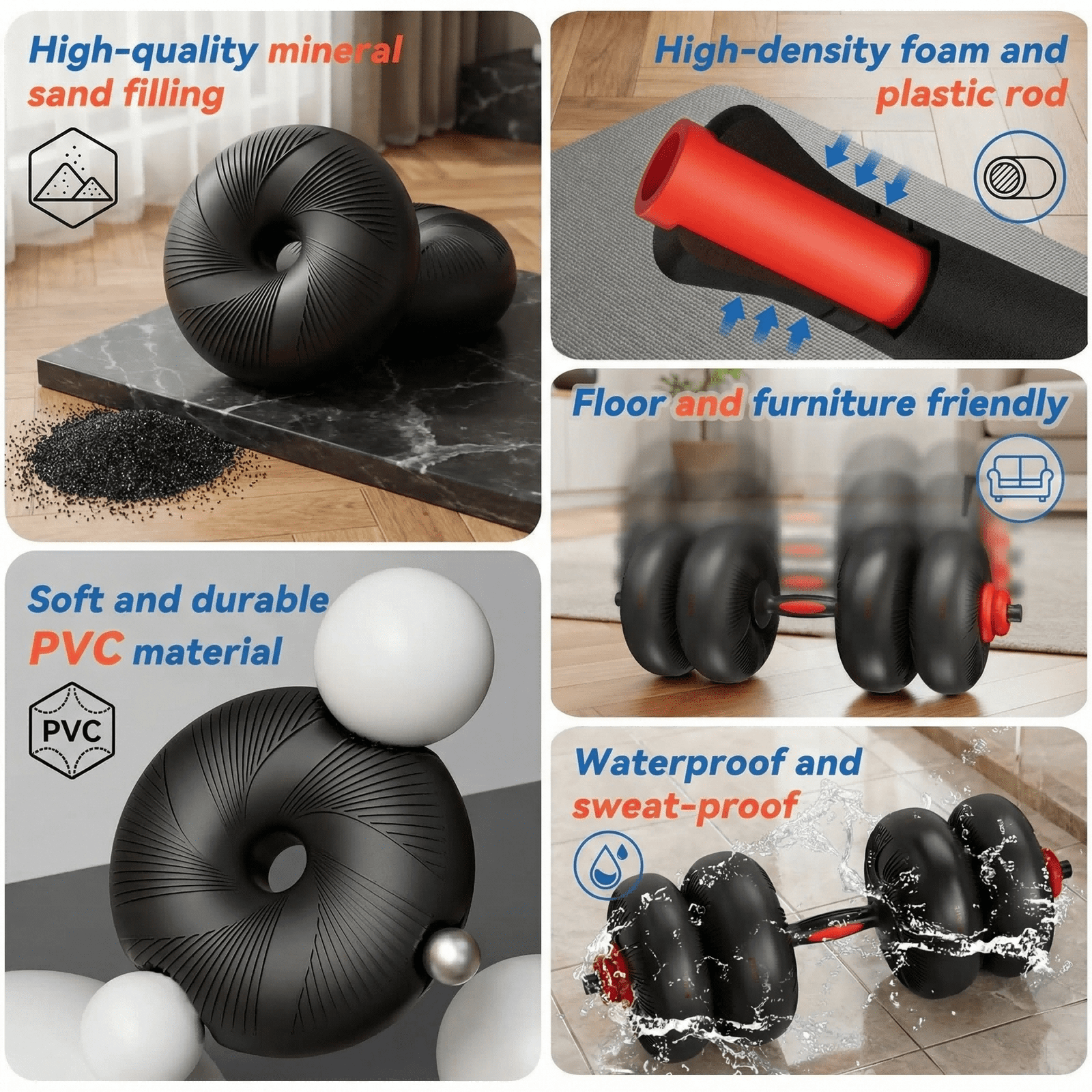 LIFERUN Adjustable Dumbbell Set, Soft PVC, 45lbs/67lbs Free Weight Set. 4-in-1: Barbell, Dumbbells, Kettlebell, Weight Plates,Red