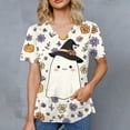 thumbnail image 5 of WTOBBY Women's Casual V-Neck Short Sleeve Halloween Printed Top with Double Front Pockets and Side Hem Slit, Perfect as a Caregiver Work Uniform or Everyday Fashion Shirt,White 2XL, 5 of 5