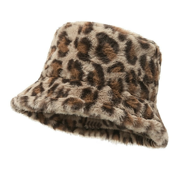 Waroomhouse Women Winter Hat Flat Dome Leopard Print Basin Hat Thickened Warm Plush Bucket Hat Warm Knit Outdoor Hat