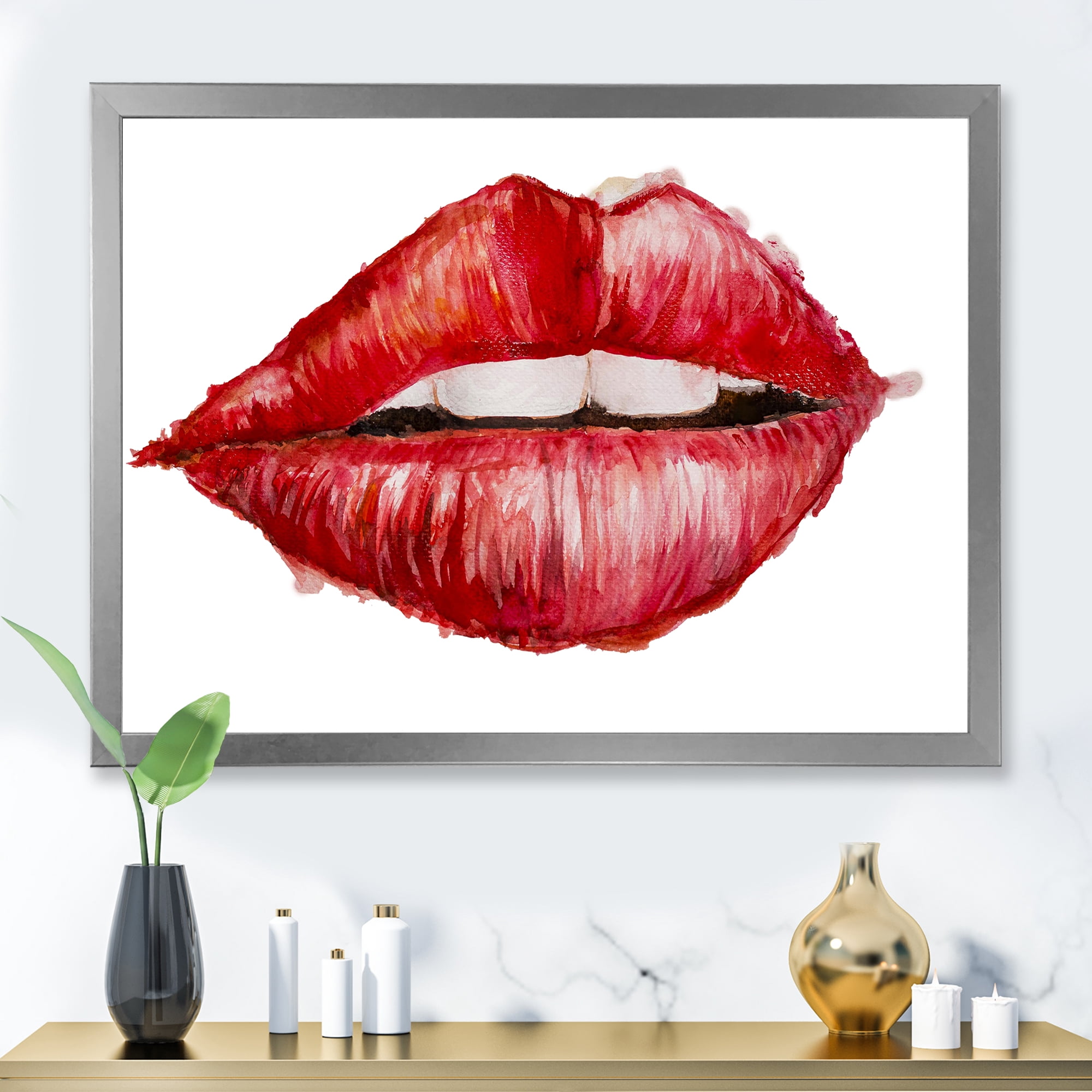 Designart 'Valentines Day Red Female Lips' Modern Framed Art Print
