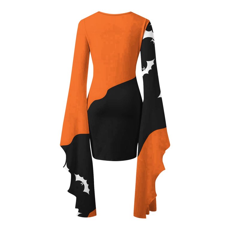 Hvot&aat Women Halloween Costume Gothic Witch Dress with Batwing Vintage Sleeve Skull Print Flowy Cosplay Party Outfit, Women's, Size: 2XL, Orange