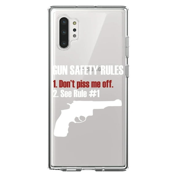 DistinctInk Clear Shockproof Hybrid Case for Galaxy Note 10 PLUS (6.8" Screen) - TPU Bumper Acrylic Back Tempered Glass Screen Protector - Gun Safety Rules, Don't Piss Me Off