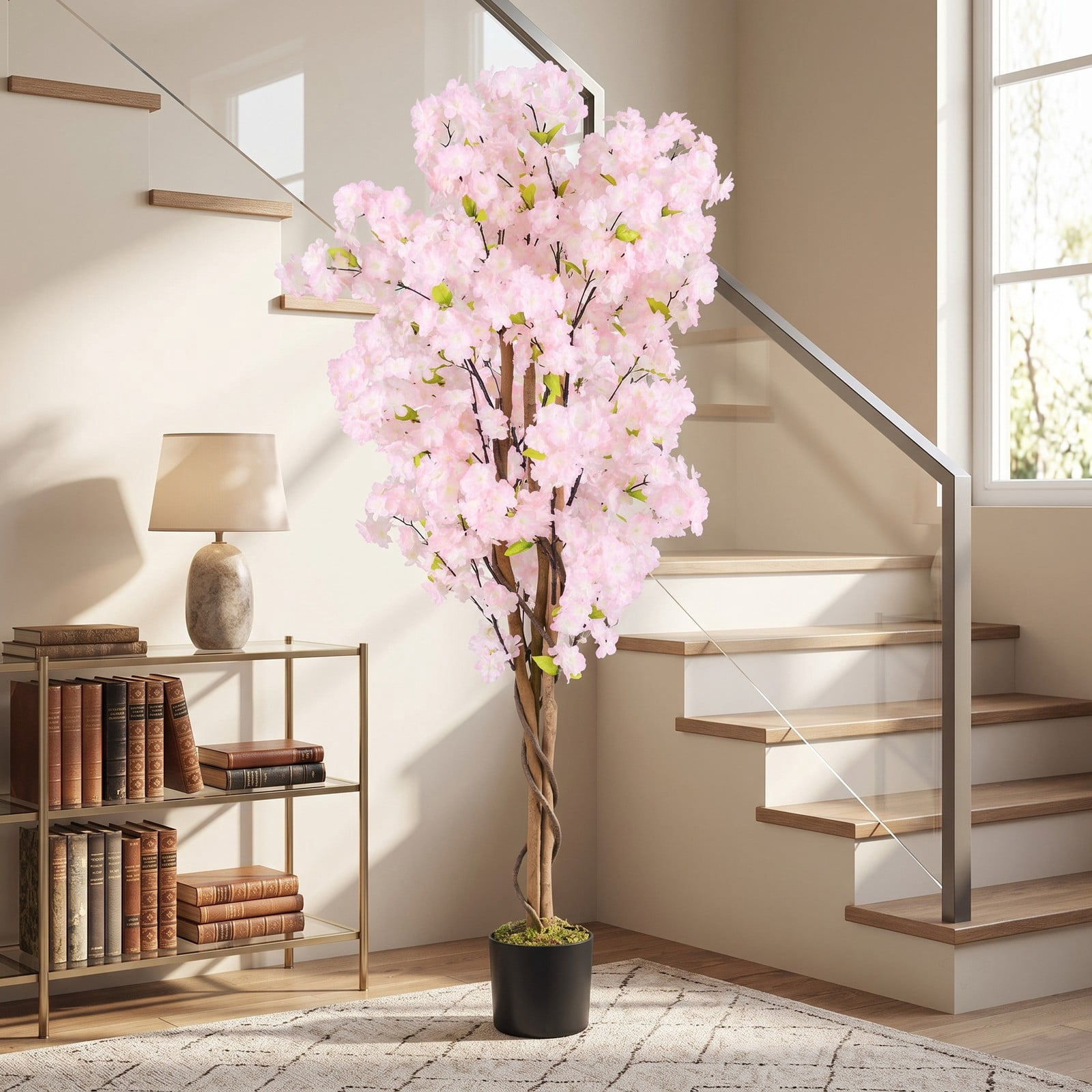 ALPULON 5 FT Artificial Cherry Blossom Tree with Pink Flowers, Faux Silk Blossom Tree with Cement-Filled Pot and Adjustable Branches for Home Office Wedding, Pink
