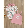 thumbnail image 2 of TSEXIEFOOFU 3 Pcs Newborn Casual Outfits, Baby Girls Floral Fly Sleeve Round Neck Romper + Suspender Skirt + Solid Color Headband, 2 of 8