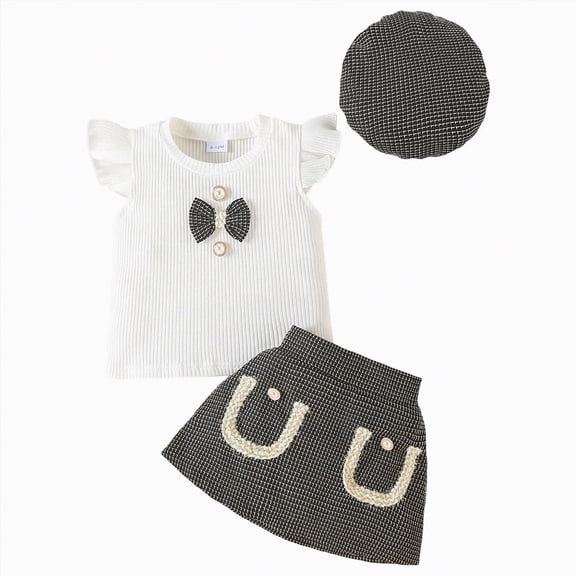 CAICJ98 Toddler Baby Girl Clothes Spring Summer Skirts Outfits Ruffle Sleeve Bow Knit Top Skirt Beret 3Pcs Set (Black,12-18 Months)