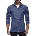 thumbnail image 3 of Men’s Long Sleeve Denim Shirt Jacket Lapel Solid Color Casual Spring Fall Top, 3 of 9