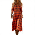 thumbnail image 3 of Lovzfmll Shift Dress for Women, Plaid Print V-Neck Long Sleeve, Casual Bohemian Maxi Dress Orange, S, 3 of 5