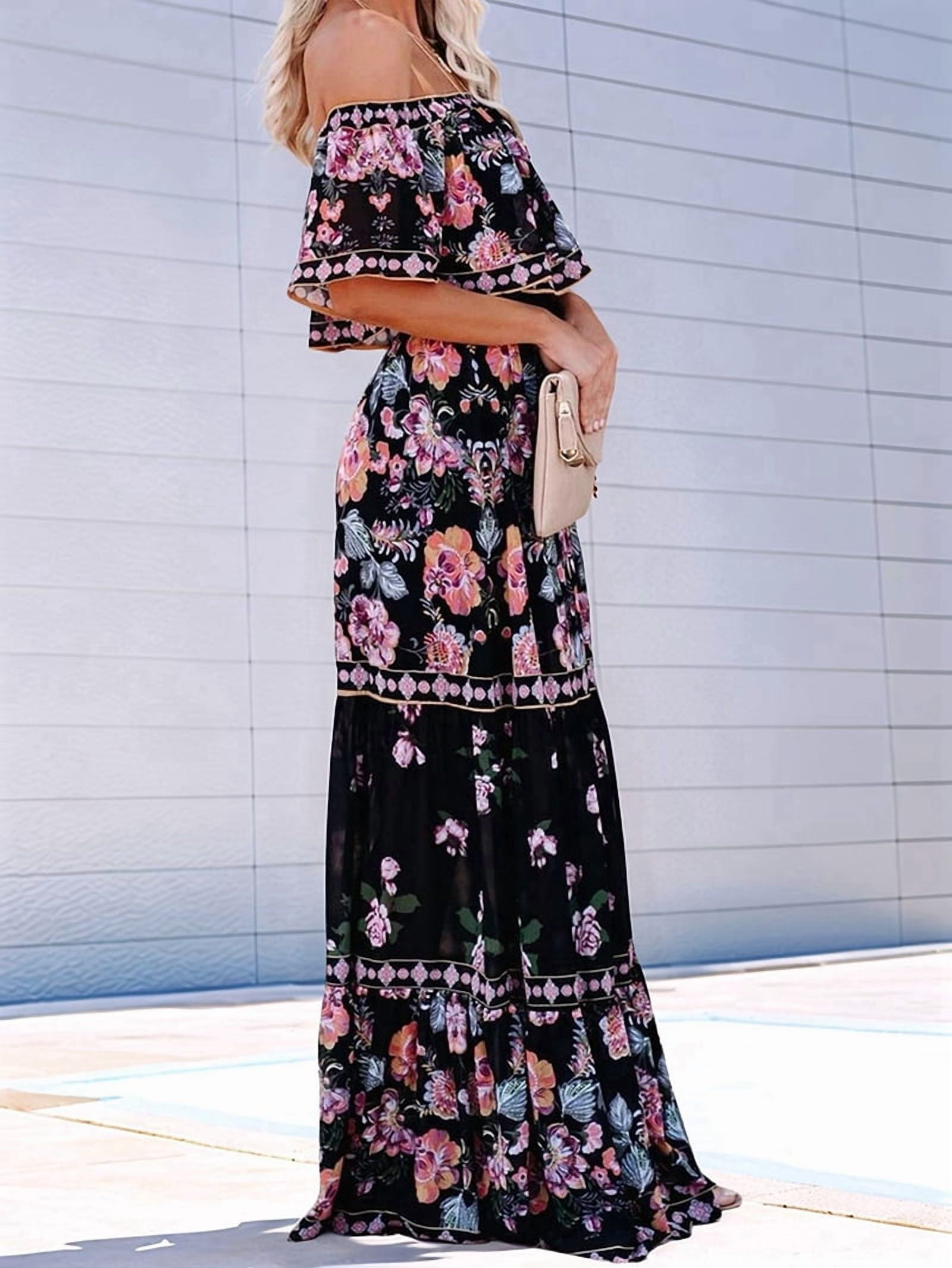 Women'S Mexican Dress Summer Floral Print Off the Shoulder Sleeveless Beach Long Maxi Dress Black L