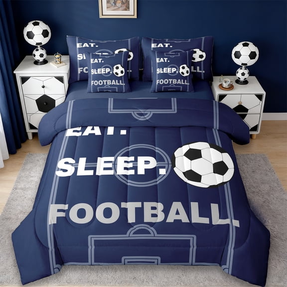 Erosebridal Football Court Pattern 7-Piece Twin Bedding Sets,Ball Sport Games Bedding Comforter Set For Soccer Lovers,Reversible Navy