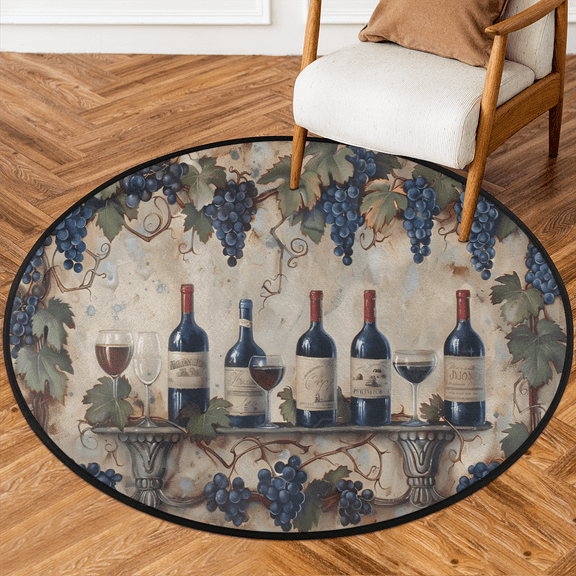 CURLYOOT Round Rug 3ft Vintage Wine Glass Retro Area Rug, Washable Circle Mat Non Slip Floor Carpet Mat, Soft Indoor Rugs for Entryway Living Room Dining Room Bedroom