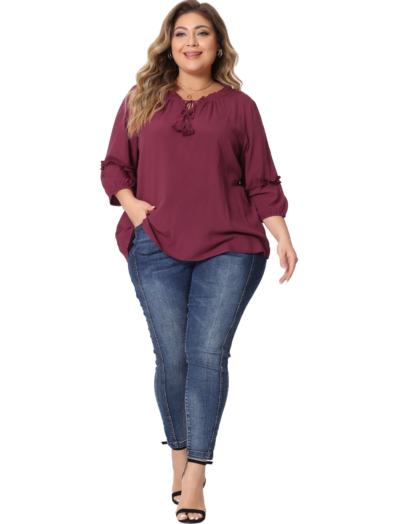 Women's Plus Tops Tie Neck Tassel Self Flutter 3/4 Sleeve Blouses Tops 1X Burgundy