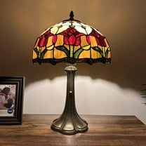 Tiffany Table Lamp  Stained Glass Red Tulips Included LED Bulb For Living Room Bedroom Bedside 12"W*12"D*19"H