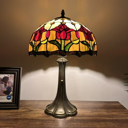 Tiffany Table Lamp  Stained Glass Red Tulips Included LED Bulb For Living Room Bedroom Bedside 12"W*12"D*19"H
