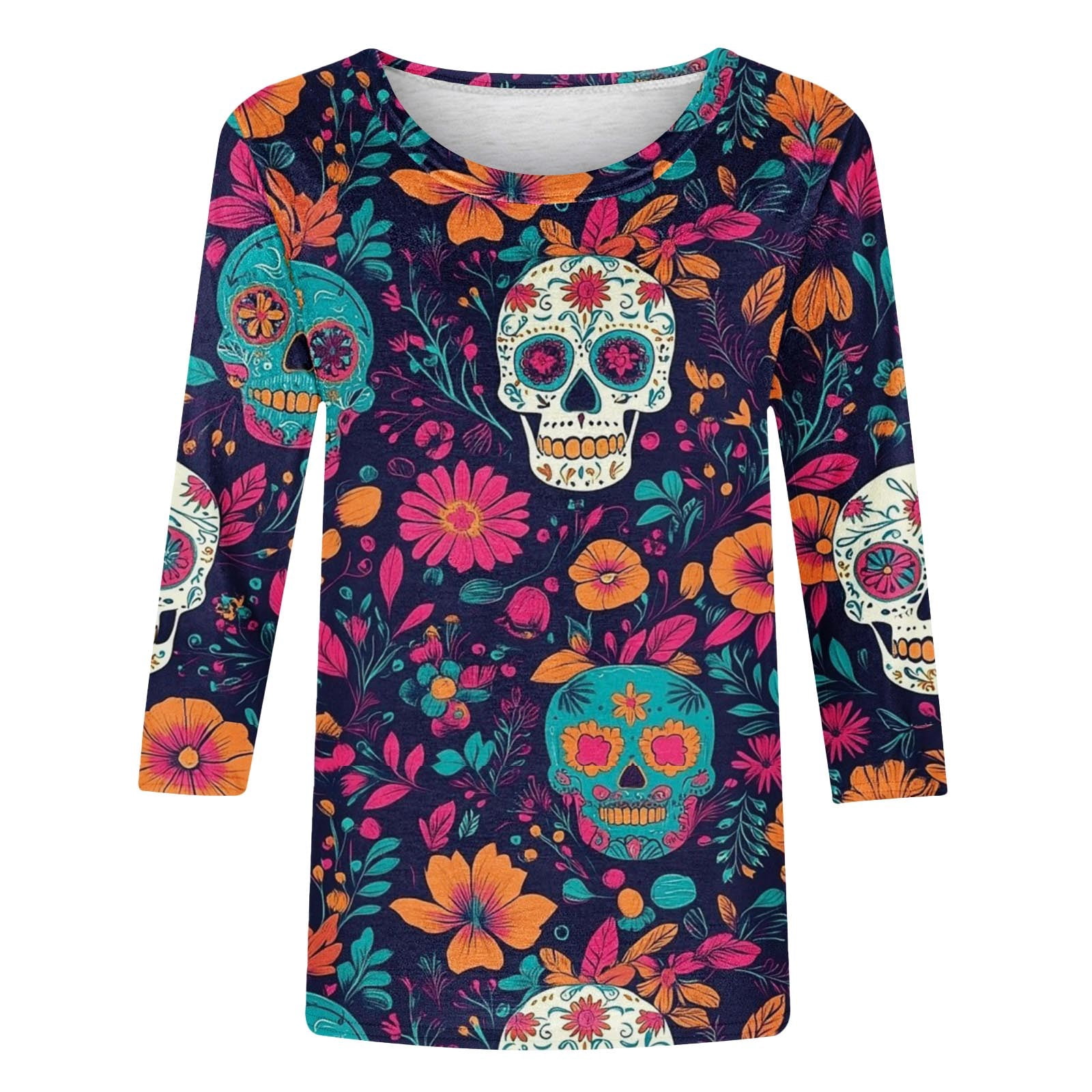 Women's Day of The Dead Print T-Shirt Crew Neck 3/4 Sleeve Loose Fit Mexican Skull Tee