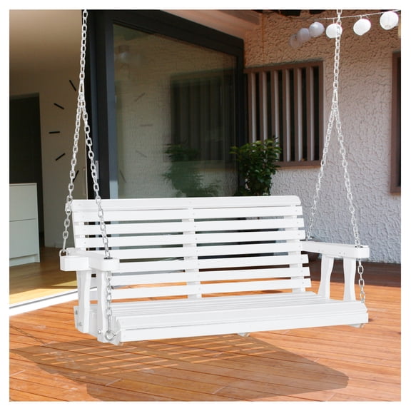 46" 2 Person Porch Swing, Wooden Patio Swing Bench with Cup Holders, White, 440lb Capacity