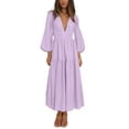 thumbnail image 1 of xiaxaixu Femmes Robe Longue Couleur Unie V-Cou Manches Longues Grande Swing Boho Robe Mode Printemps Automne Décontracté Robe de Vacances en Vrac, 1 of 7